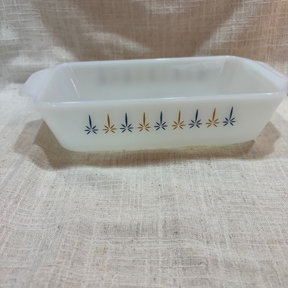 Fire-King Other - Vintage Fire-King Milk Glass Loaf Pan Starburst Atomic Blue Gold MCM Bakeware